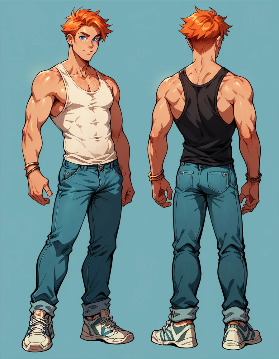 Human Male ,Orange hair Style  , freckles , blue eyes , tank top ,Cool Clothing  ,Bracelets , Full body ,Pants ,Simple background,character sheet , concept art, Shoes ,