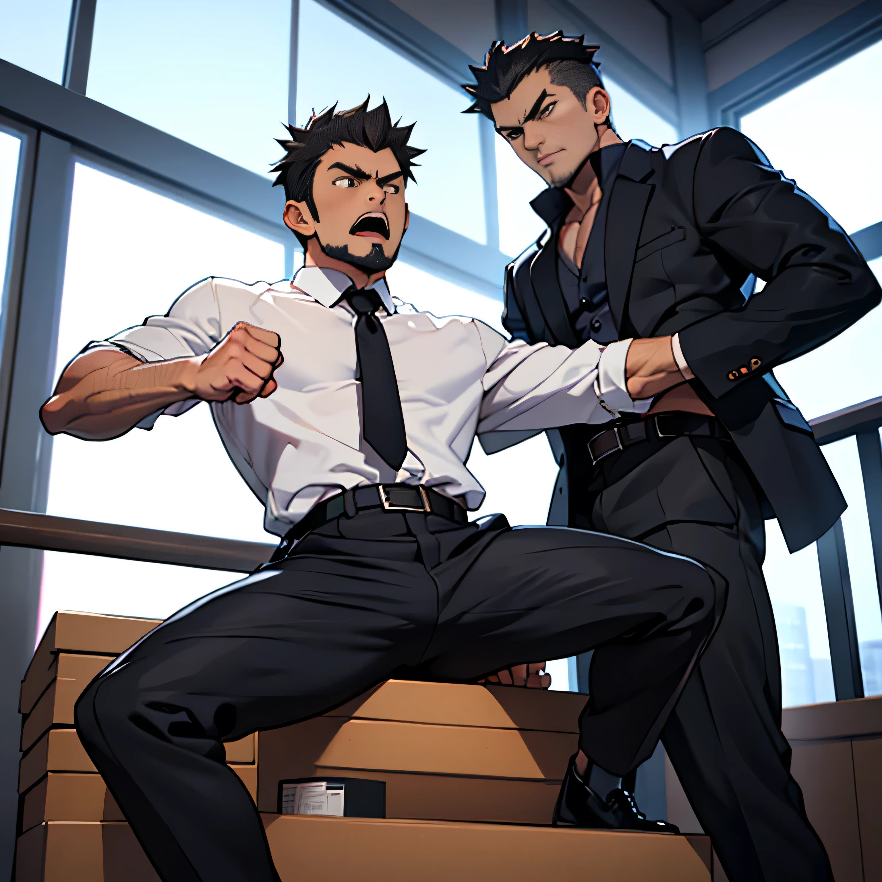 20 years old,, Simple Black Single Suit , Cool fighting pose ,Spread your legs wider,black belt,Black socks,Black leather shoes,logic, Gay ,Brown Hair, Shorthair, thick eyebrows,Stubble, Lightly Set Your Hair with Wax ,Kakuryu Takeru,Masculine,salaryman,Mob characters,Bad Actor , The crotch part of the pants is bulging, Erotic 3D Finish , Open your mouth wide and scream,、Gunfight　