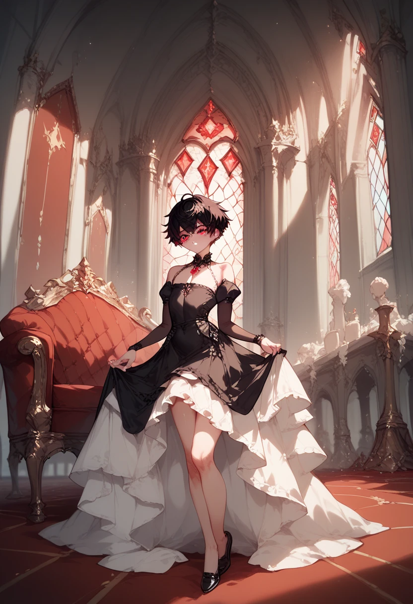 Femboy, white skin, red eyes, black tight fitting dress with red inside, inside big gothic castles throne room, short hair, night