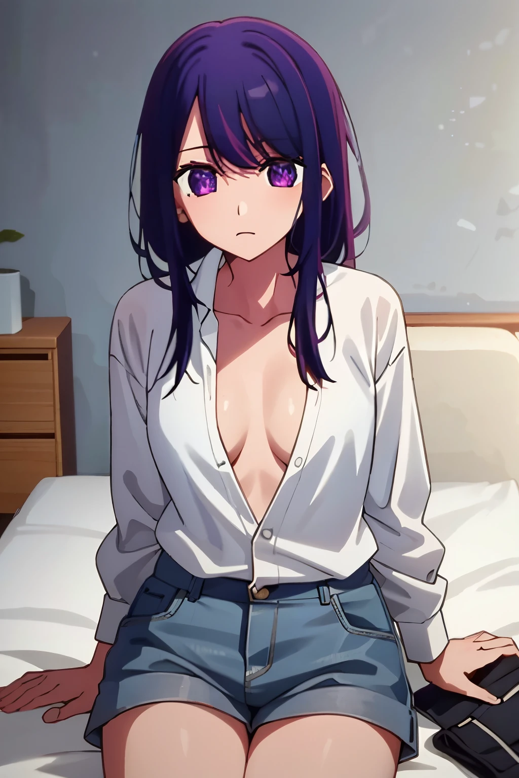 (((pixel-perfect, detail-perfect))), solo, 1girl, ayase ayatsuji, hair over one eye, , looking at viewer, blushing, embarrassed, medium breasts, perfect sexy legs ,(arms behind back),(naked shirt), facing viewer, vibrant colors, young adult,20 years old, shirt,