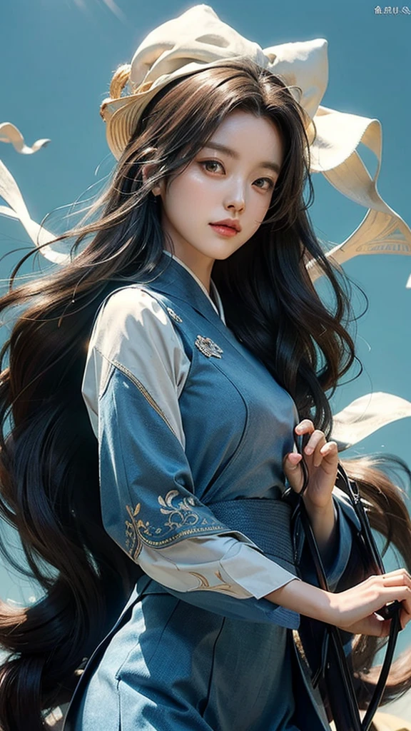 (masterpiece), ( top notch ), ( High Quality Details ), (illustration), (1 woman), (Interview),  beautiful and detailed eyes, Hair length is random , Floating , (High saturation), (shining),  blue sky, Bright and beautiful face,  Her skin is young, radiant, , 공정하고 shining, Best appearance , Very beautiful,  Big eyes shine with clear sky blue light,  beautiful and amazing beautiful girl ,