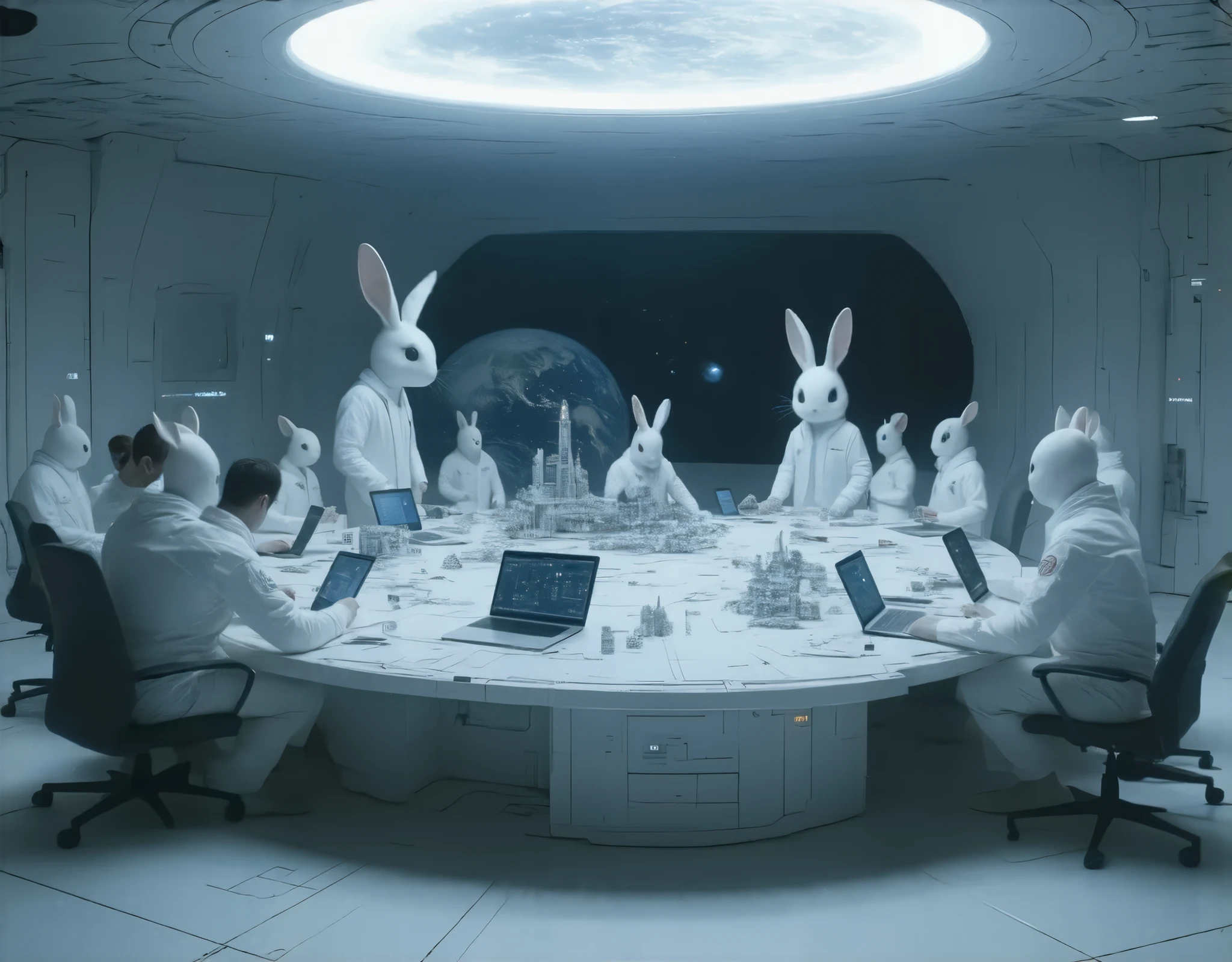 (masterpiece,  High Quality ,  high definition ,  Golden Ratio ,  Movie Lighting, 8k),  This is on the Moon ,Alien Rabbit (Wearing a lab coat, bipedal)'s Operation Command Room , There are many people in front of them ,A large table is placed , and elaborate dioramas such as NASA buildings and rocket launchers are placed on top,  they are searching for a way to invade Earth ,They are passionate about their research, , constantly jotting down something on their tablets, and , several groups seem to be having heated discussions, 