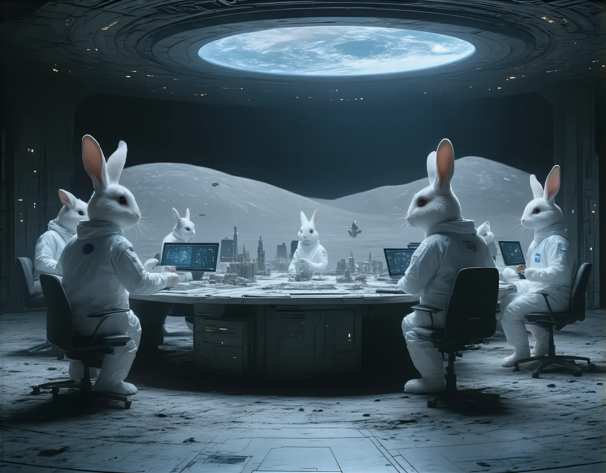 (masterpiece,  High Quality ,  high definition ,  Golden Ratio ,  Movie Lighting, 8k),  This is on the Moon ,Alien Rabbit (Wearing a lab coat, bipedal)'s Operation Command Room , There are many people in front of them ,A large table is placed , and elaborate dioramas such as NASA buildings and rocket launchers are placed on top,  they are searching for a way to invade Earth ,They are passionate about their research, , constantly jotting down something on their tablets, and , several groups seem to be having heated discussions, 