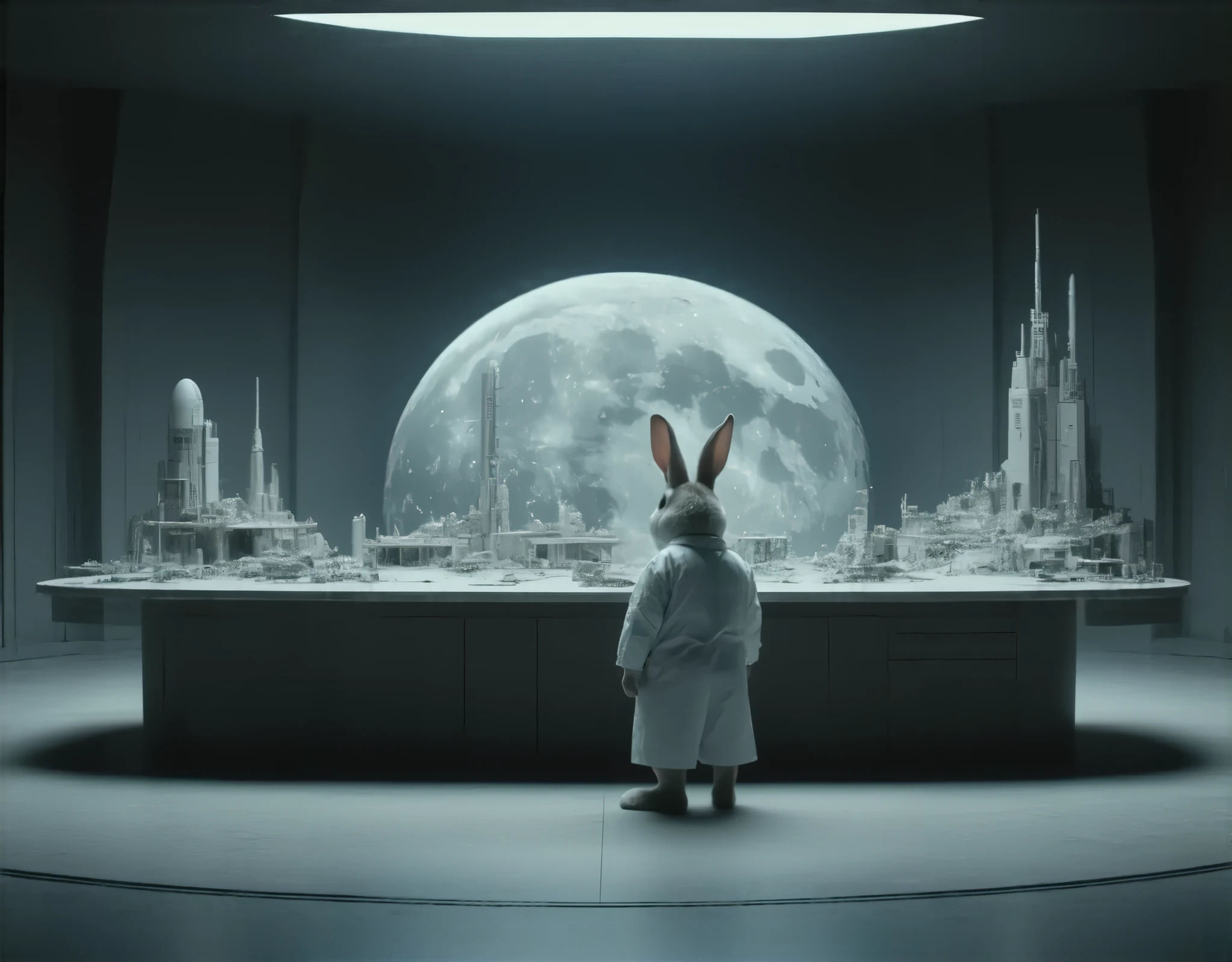 (masterpiece,  High Quality ,  high definition ,  Golden Ratio ,  Movie Lighting, 8k),  This is on the Moon ,Alien Rabbit (Wearing a lab coat, bipedal)'s Operation Command Room , There are many people in front of them ,A large table is placed , and elaborate dioramas such as NASA buildings and rocket launchers are placed on top,  they are searching for a way to invade Earth ,They are passionate about their research, , constantly jotting down something on their tablets, and , several groups seem to be having heated discussions, 