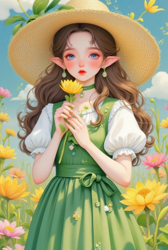 A woman in a green dress and straw hat is holding a flower in her hand,  A detailed painting by Yang Jianjun, pixiv, Fantasy Art, Fantasy Art style,  Dreaming of Flying Through the Sky , Elf Girl,  creates  , Elf Girl wearing an flower suit,  exquisite digital art , Artwork in the style of guweiz, Digital Anime Illustration, artstrationTrend 
