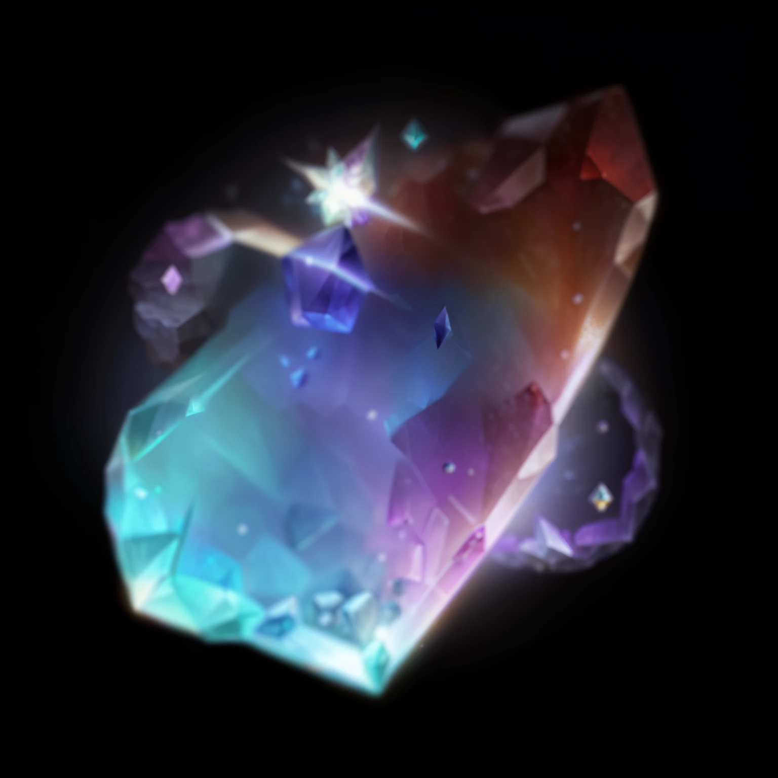 Closeup of gorgeous colored gemstone fragments,  Surrounded by magical elements， behind it, the World of Warcraft spell icon , Crystal material,  League of Legends Inventory Item,  Magic spell icon,  game icon， Diablo conceptual art 