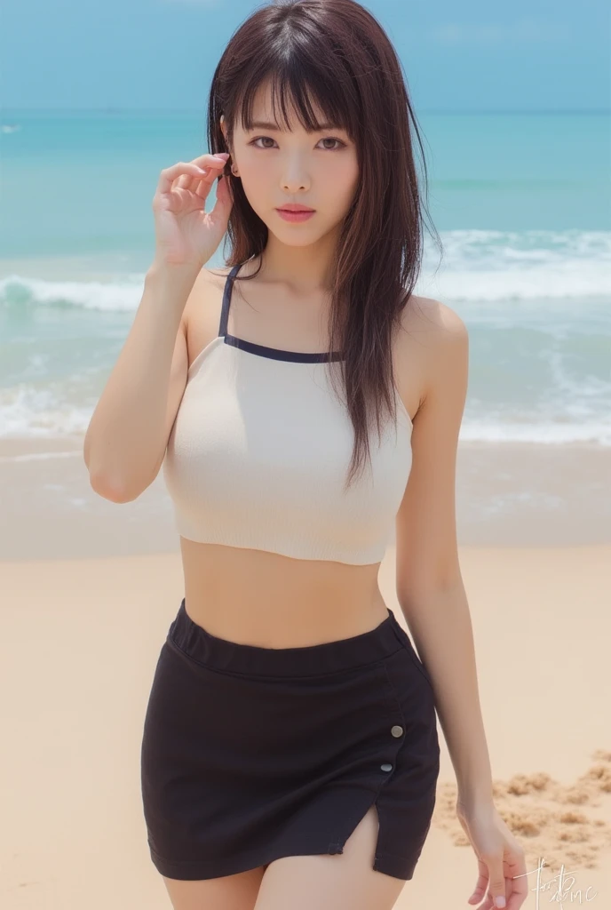 (logo、masterpiece、8k、Tabletop、RAW Photos、wonderful、最high quality、Photorealistic and Very detailed CG integrated 8k wallpaper、high quality、Very detailed、Narrative poem、Particle Effects、Dynamic Effects、Written boundary depth、Cinematic Light、Lens flare、Ray Tracing)、Fantasy、 (One beautiful woman、White Pants、White T-shirt、White tube top、White crop top、Black-haired、Beautiful Face、True Face、Beautiful details、eye、Beautiful Skin、Ultimate Body、glamorous)、私の髪はWindに舞う、Hair flutters in Wind、Hair bounces、Seaside、wonderful景色、coastal、sunrise、Sun in the background、Wind、Beach