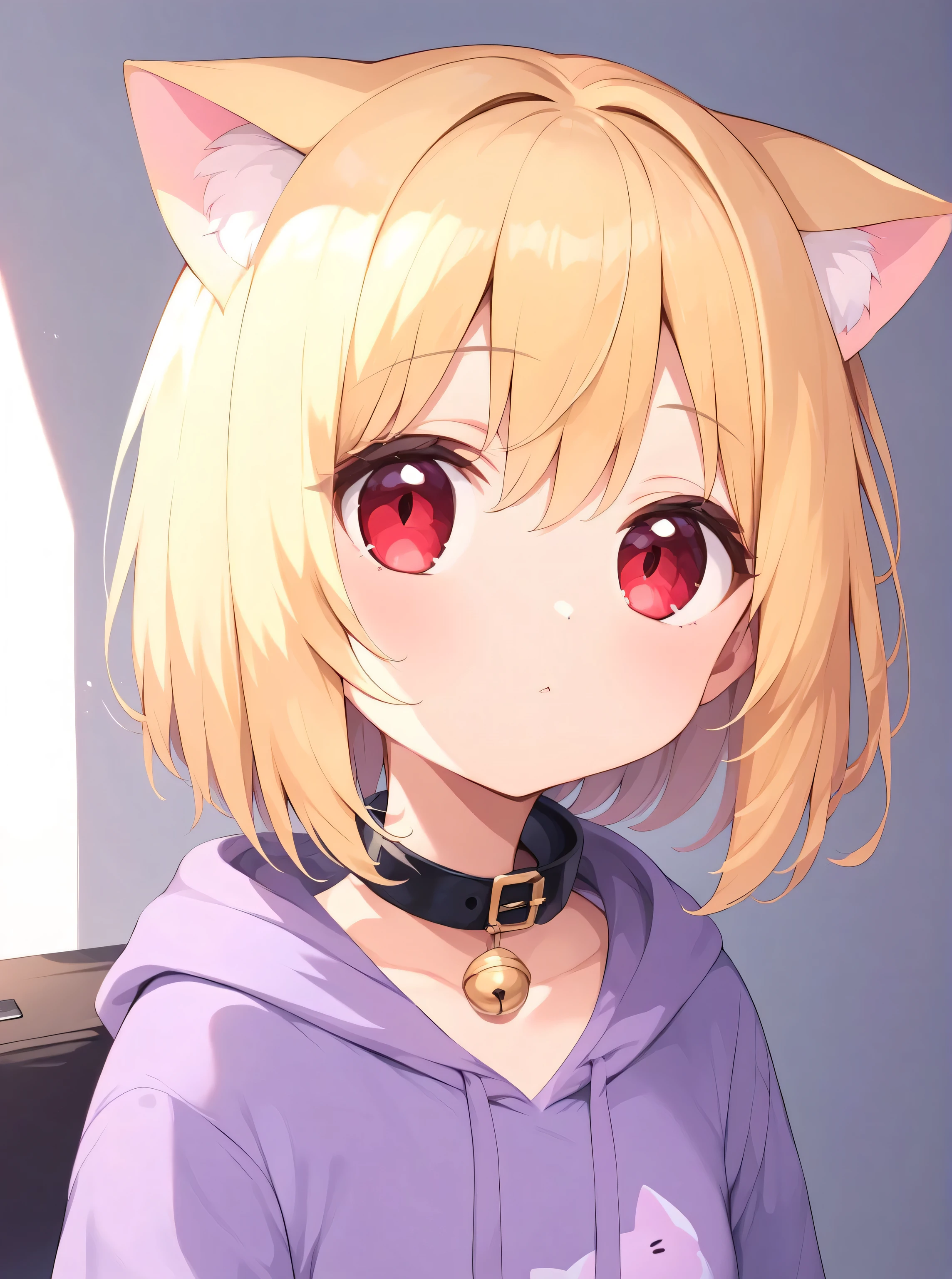  score_9,  score_8_up,  score_7_up,   Details,   rating safe  ,  absurd, whole body, Cat ears,Blonde, Short Hair,Red eyes,Big Eyes,Black collar,Purple hoodie, cute,  watching viewers , 