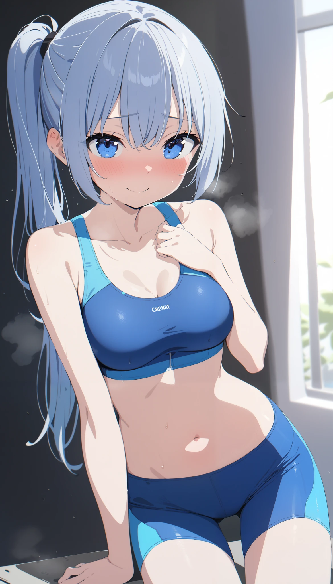 fitness gym、Wet and light fitness wear and leggings、Navel Ejection、Standing backwards with both hands on the wall、poneyTail、blue hairs、Silver necklace、wristbands、Colossal tits、perspiring、abdominals、belly button piercing