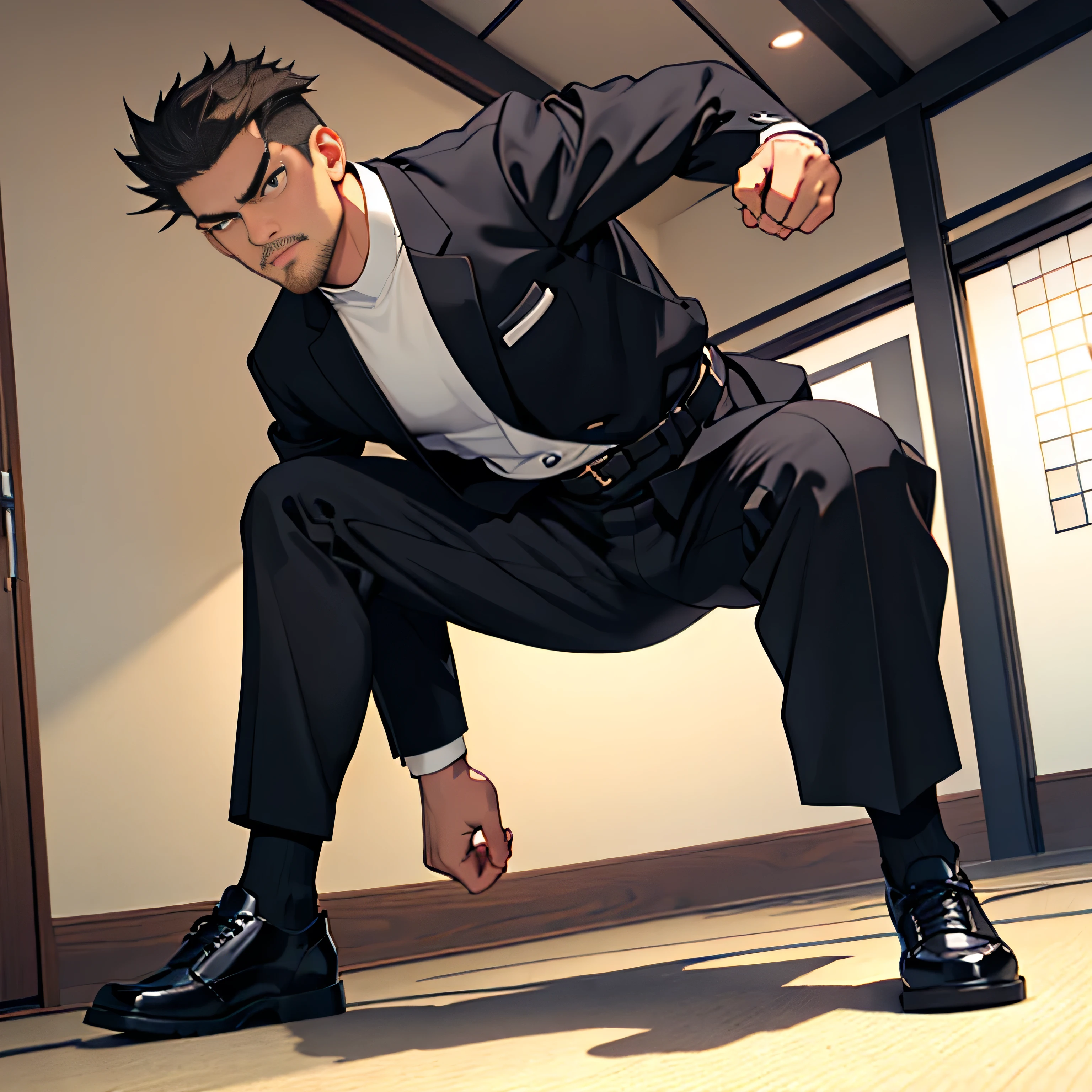 20 years old,, Simple Black Single Suit , Cool fighting pose ,Spread your legs wider,black belt,Black socks,Black leather shoes,logic, Gay ,Brown Hair, Shorthair, thick eyebrows,Stubble, Lightly Set Your Hair with Wax ,Kakuryu Takeru,Masculine,salaryman,Mob characters,Bad Actor , The crotch part of the pants is bulging, Erotic 3D Finish , Menacing look　View from below