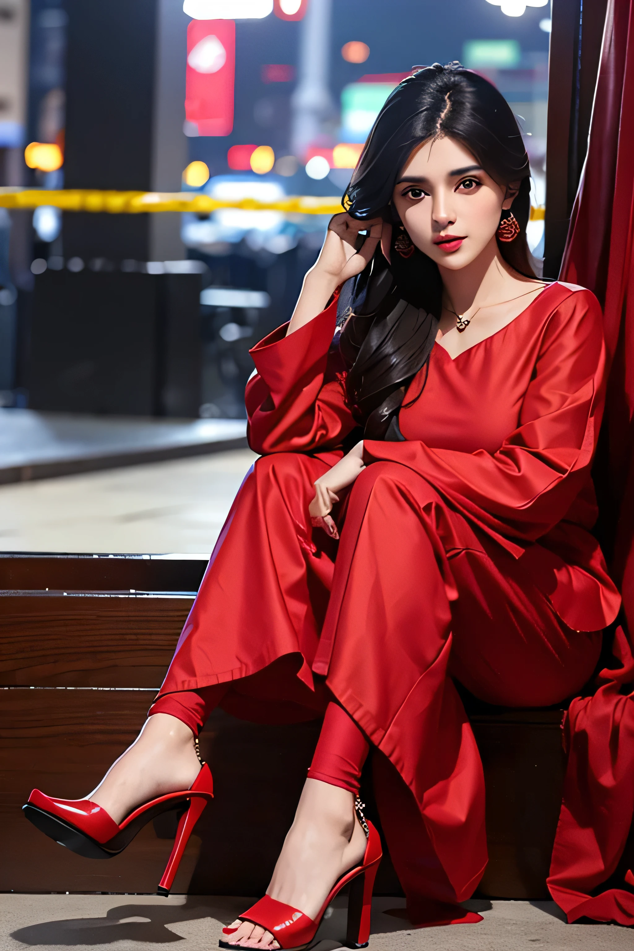 1girl, in traditional shalwar kameez in red color, long black hair, high heels, Islamabad centaurus mall, cityscape,city lights, upper body,close-up, 8k, RAW photo, best quality, masterpiece,realistic, photo-realistic,