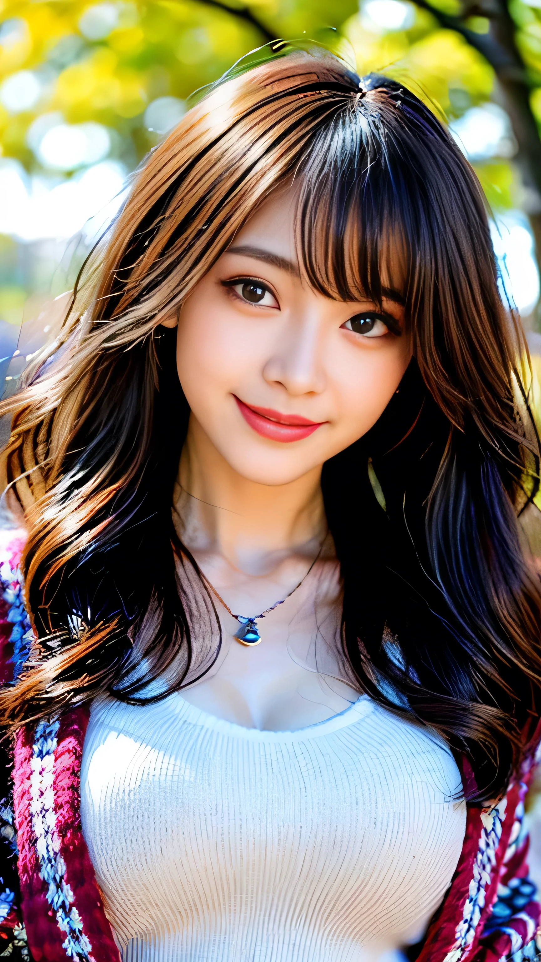 seed:4195271995,((Full Body Angle:1.1)),((Highest quality, 8K, masterpiece: 1.3)), concentrated: 1.2,Front hair:1.3, Cute girl 1,Nipples erect、 Perfect beauty: 1.4,Colorful ribbed knit half-zip T-shirt、Shorts,: 1.2,Randall Color、comics&Text Graphics、Black,1.1, Highly detailed face and skin textures, Fine grain, double eyelid, whitening skin, ,Highest quality,Ultra-high resolution,you,1 girl,alone,_Shiny_skin,Iris,necklace,((brown_length_Wavy_hair)),(lips)),eyelash,Front hair,deal with,compensate,Shiny,pore,skin big breasts、(smiling face)、Front hair、Walking in the park、walk