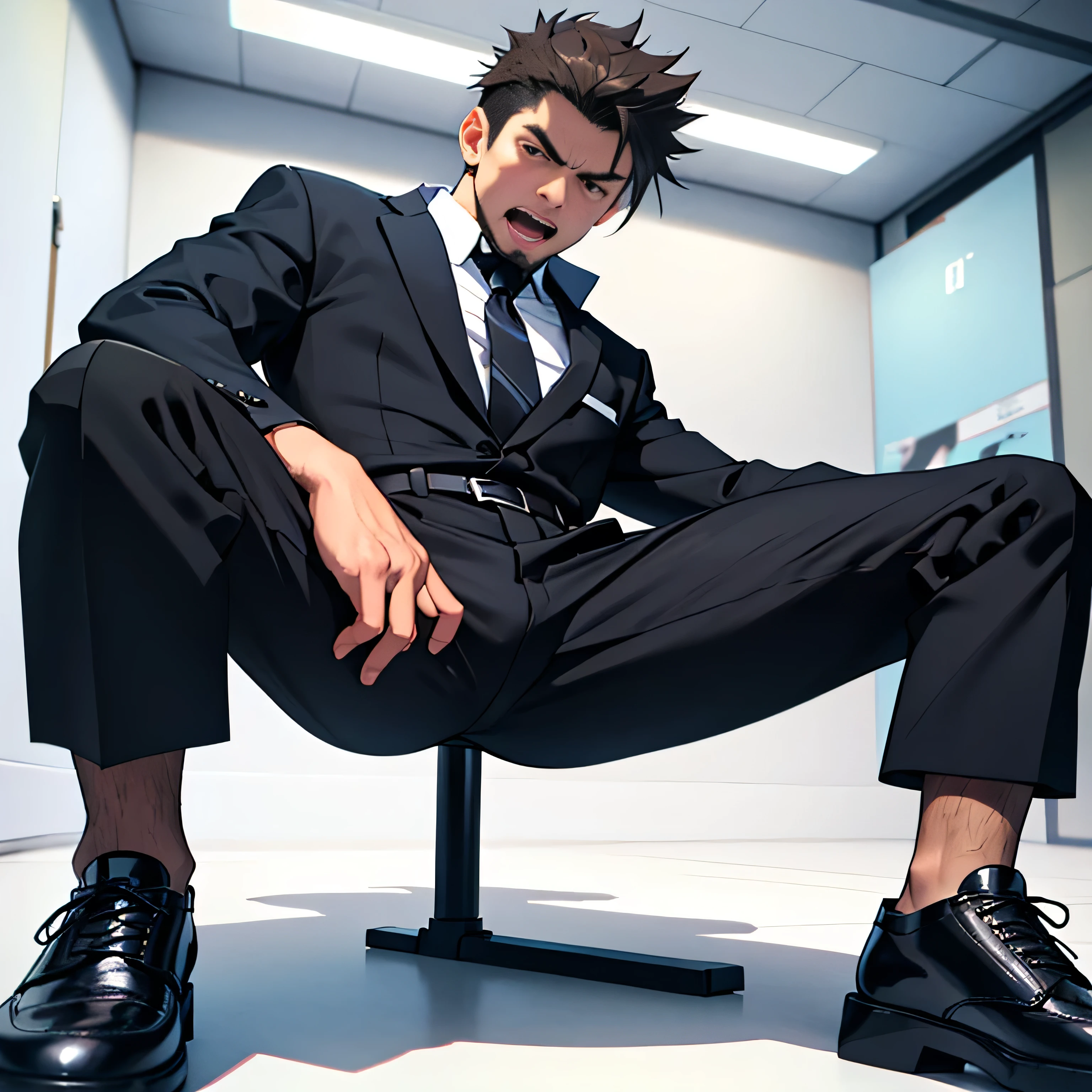 20 years old,, Simple Black Single Suit , Cool fighting pose ,Spread your legs wider,black belt,Black socks,Black leather shoes,logic, Gay ,Brown Hair, Shorthair, thick eyebrows,Stubble, Lightly Set Your Hair with Wax ,Kakuryu Takeru,Masculine,salaryman,Mob characters,Bad Actor , The crotch part of the pants is bulging, Erotic 3D Finish , Open your mouth wide and scream