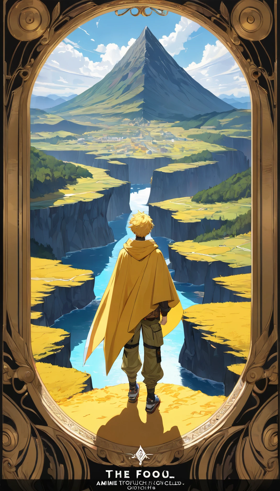 ((8k,4k,best quality,extremely detailed fine touch,hyper detailed,highly detailed,top quality,extreme quality,ultra details,absurdres,amazing details,detailed face,high resolution,highres,digital painting,anime,pclean line art)),solo,1boy,traveler,adventurer,dirty adventurer's cloak,yellow hair,short hair,short cargo pants,enjoy,smile,brave,yellow theme,A young man in colorful clothing holding a dog standing on the edge of a cliff, ((text below the card: "The Fool")), complex details, oil painting,tarot,gold rim