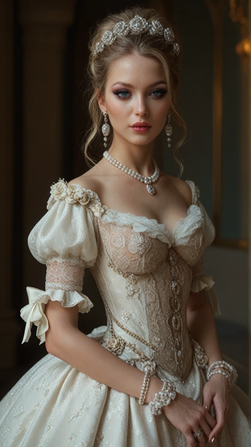 Scott Malm Style - Empire, ((Photorealistic 2))、Blonde Beauty , corsets, Cinematic, (Portrait), sideface, foreshortening, a large bust, cleavage, ((Detailed face, Beautiful face, Full makeup)), full_Body, The upper part of the body、hair, Solo, Castle entrance、 Realistic,(Medium), (Ultra-detailed:1.2), ((High decorative dresses)), Detailed light, nffsw, empire_Dress
