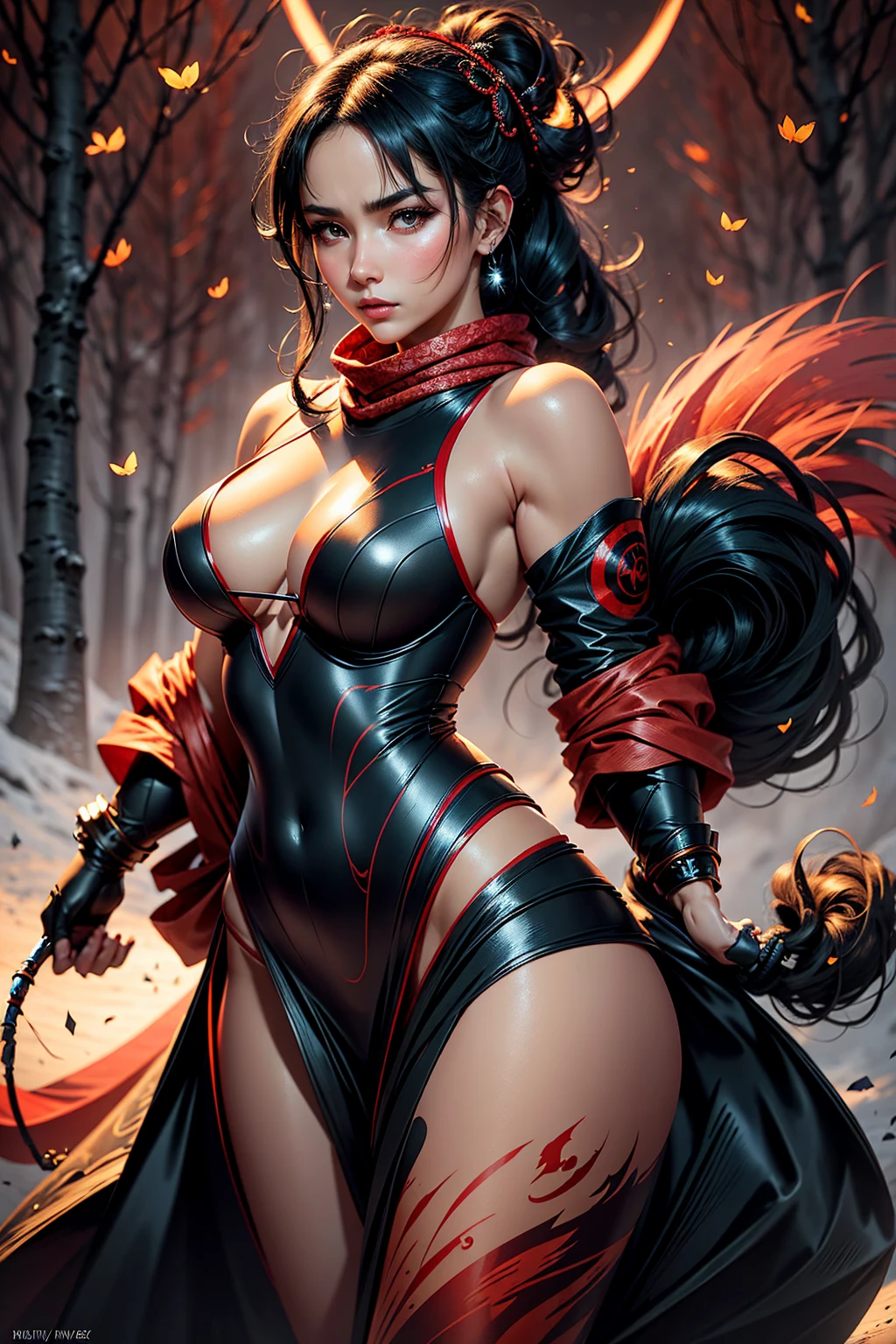 4K anime style quality, digital drawing mode, a mesmerizing female ninja with shoulder-length black hair, deep crimson eyes, dressed in a white and red ninja outfit with flowing scarf-like sleeves, standing in a moonlit forest surrounded by illusory butterflies, calm and mysterious expression, full body, elegant pose with her hand, mystical lighting, perfect anatomy, highly detailed textures on her flowing attire, full HD, 4K, HDR, depth of field