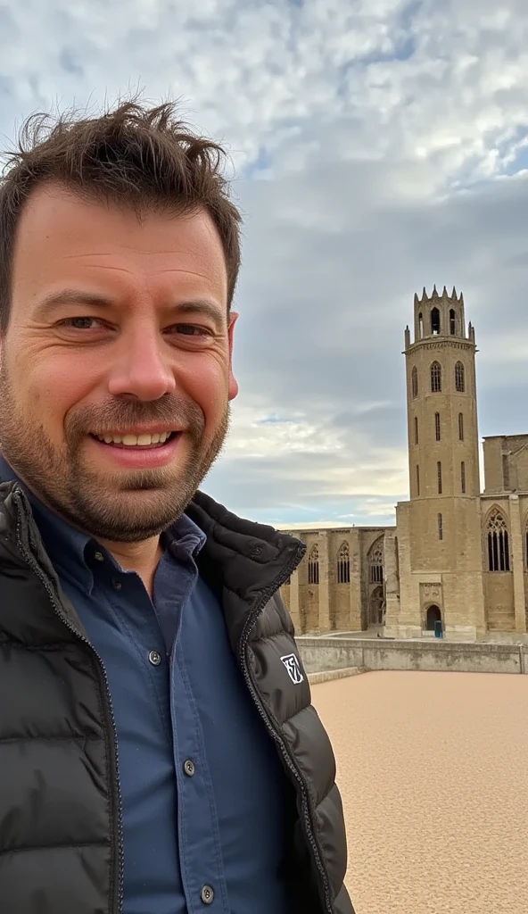 “A cinematic and hyper-realistic depiction of a man blowing with great force, with transparent air visibly streaming from his mouth, illustrated with dynamic comic-style lines to show the motion and intensity of the gust. The air he blows is pushing away a thick layer of fog that still partially shrouds the majestic cathedral of La Seu Vella in Lleida. The scene captures the process of the fog being expelled, revealing parts of the intricate architectural details of the cathedral as the mist clears. The man’s expression is intense, with puffed-out cheeks and a look of effort. The dramatic contrast between the mystical fog and the visible action of the air movement creates an engaging and visually striking atmosphere.”