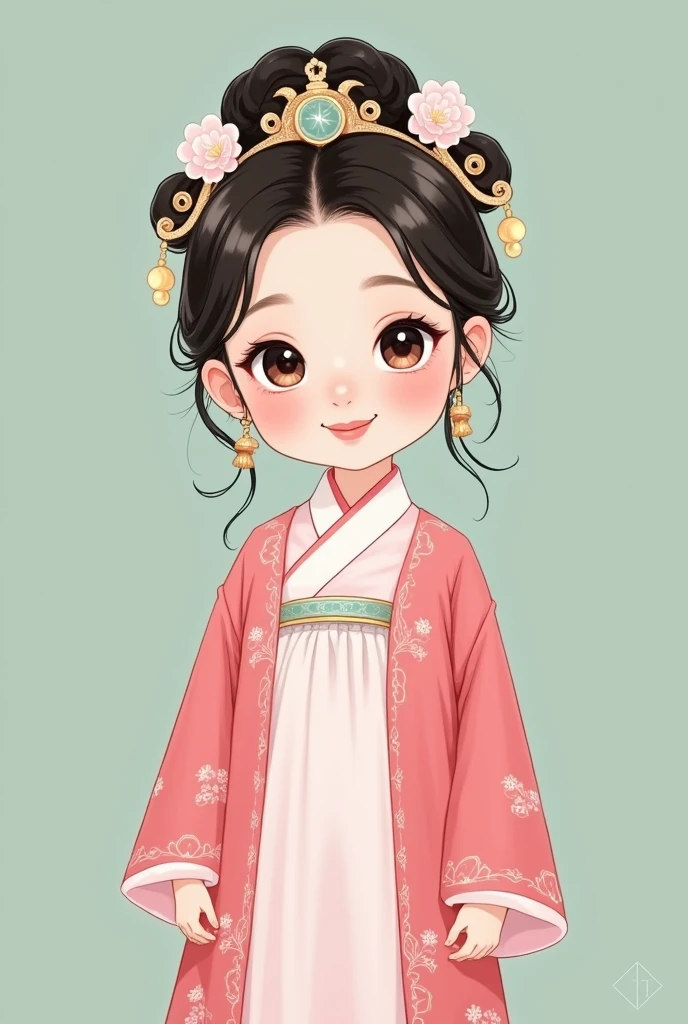 a  Chinese girl wear a pink hanfu, headgear, QinDynasty,gongbi painting, extremely minimalism portrait, glistening eyes, smile, close-up,geometric shapes, matte light green background, illustration, cartoon-like characters,