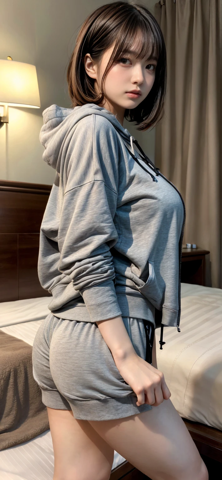 Dynamic pose, 1girl, Korean, pale skin, bright blue eyes, messy bun, freckles, smiling, oversized hoodie, laced panties, small waist, (wide thigh gap:1.2), rooftop, photorealistic, best quality, 8k, masterpiece