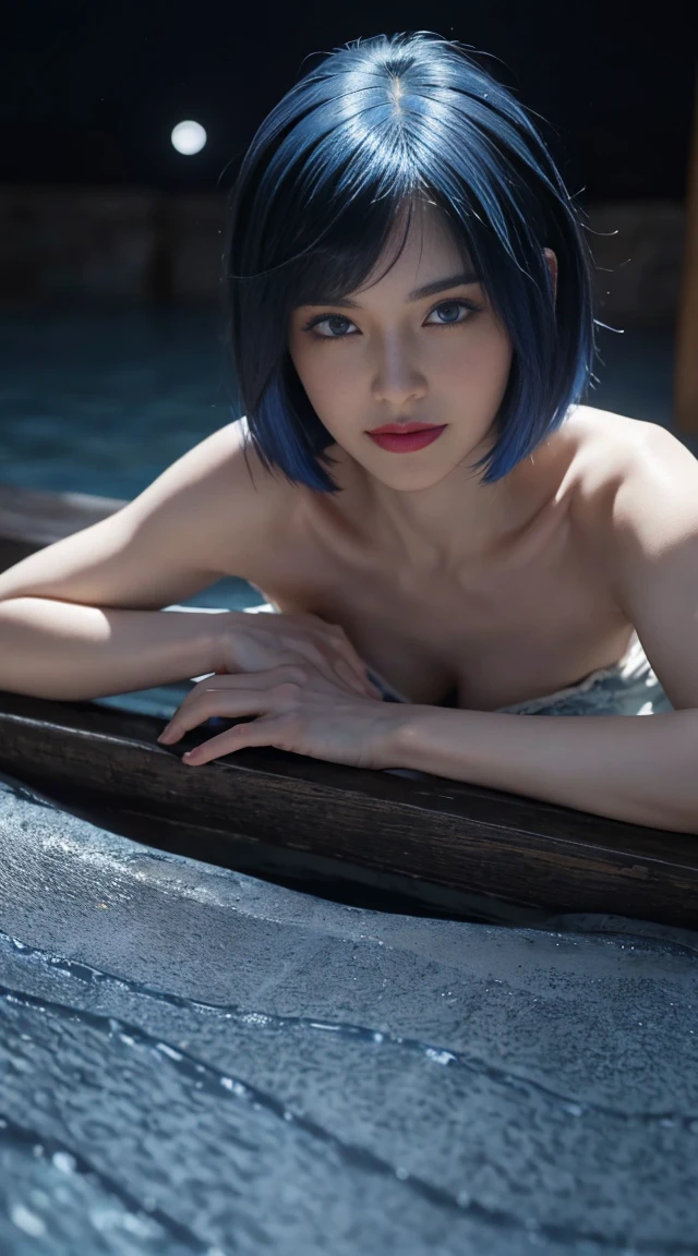 8K, Top Quality, Intricate Details, Ultra Detail, Ultra High Resolution, Masterpiece, random angle, Slender, Smile, (Makeup: 0.4), (Fluffy Blue Eyes: 1.21), blue Eyes, looking at viewer, ((full body)), 1girl, solo, 1 girl, (( full body)), close up shot, , ((tall)), (((fit body))), (((slim face))), sharp face, sharp eyes, (((blue hair, short hair, bangs )) , (detailed face), sharp face, small lips,
(( )), ((, battlesuit )), detailed face, detailed breast, , large breast, detail ass, , Beautiful girl with accentuated slender abs: 1.4, Six Pack Abs: 1.4, Bust Botox, Big, Perfect Body, detail leg, (( moonlight)), onsen