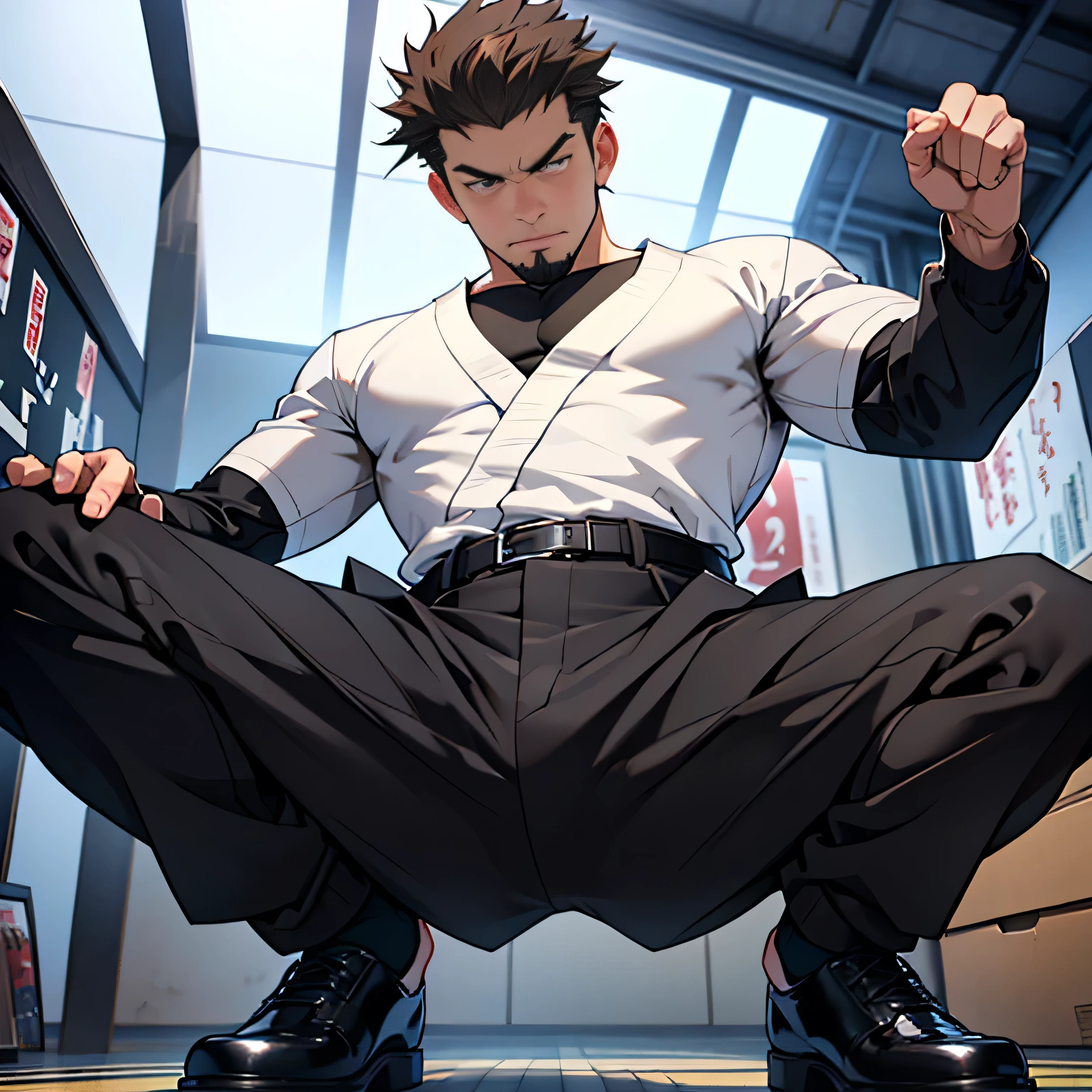 20 years old,, Simple Black Single Suit , Cool fighting pose ,Spread your legs wider,black belt,Black socks,Black leather shoes,logic, Gay ,Brown Hair, Shorthair, thick eyebrows,Stubble, Lightly Set Your Hair with Wax ,Kakuryu Takeru,Masculine,salaryman,Mob characters,Bad Actor , The crotch part of the pants is bulging, Erotic 3D Finish , Menacing look　View from below