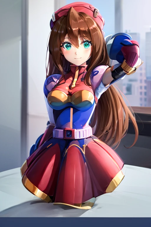 iris_megamanx, 1girl, solo, android, long hair, brown hair, hat, green eyes, white gloves, beret, upper body, high quality, masterpiece, smile