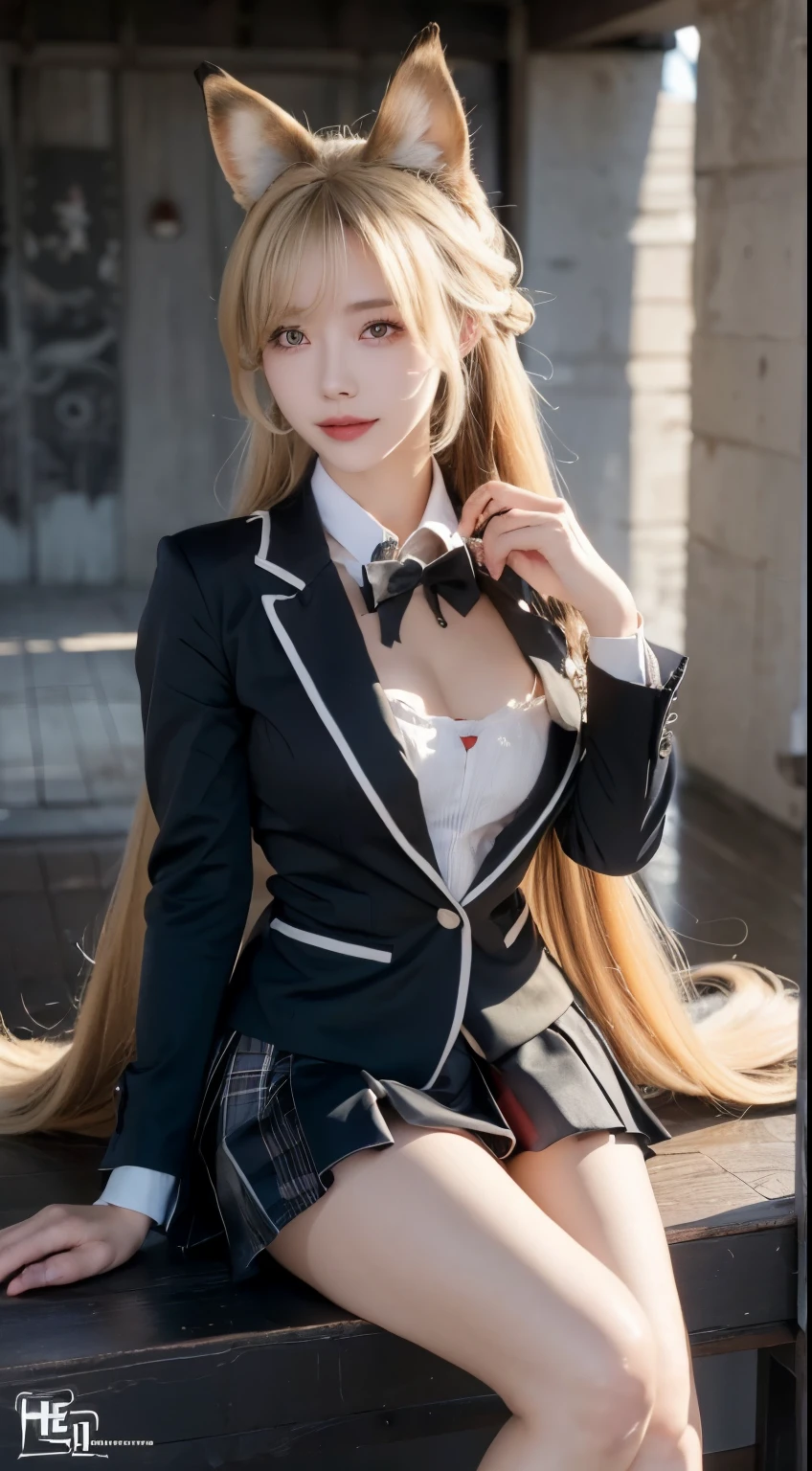 (A hyper-realistic), (illustratio), (hight resolution), (8K), (ighly detailed), (The best illustrations), (beatiful detailed eyes), (top-quality), (ultra-detailliert), (masterpiece), (wall-paper), (detailed face), droopy eyes,full of sweat, full body, long legs,Armpit,short-hair,inner colored,solo, big breast, japanes, Colossal 、A smile, wearing black formal blazer, short skirt,blonde hair, french braid, hime cut, very long hair, heart-shaped pupils, animal ears, fox ears, covering ears, kemonomimi mode, seductive smile,