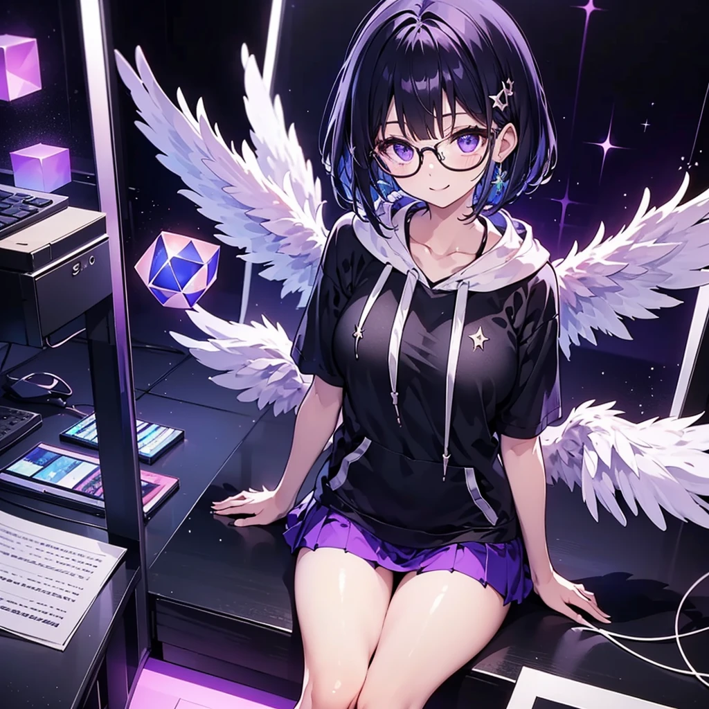 solo1.8、 High Quality、Bird's-eye view from above composition 1 .7、Seiko no Hand 1 .5、 black bob cut、 sitting on the purple cube in front of the monitor 、black simple hoodie and purple mini skirt 1.6、 Fleshy Thighs 1 .3、 with a silver light cube floating in the right hand 1.7、Angel Girl Sandalphone 1 .8、Confident smile without opening her mouth1 .1、black rimmed glasses 1.4、dark room 1 .8