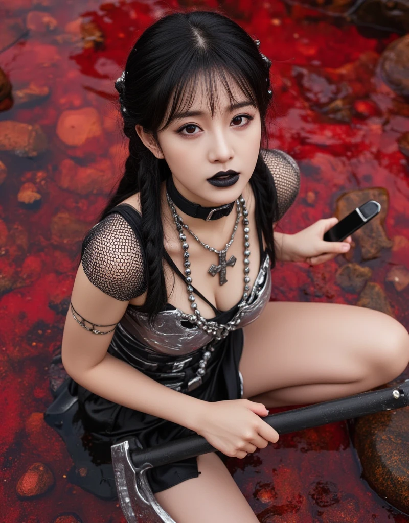  high-angle aerial shot ，A photo， The background is red plus her Chinese ink painting style ， A black ribbon buckle necklace around the neck ， ， Black Lipstick ， all inclusive black eyeliner ，Long eyelashes， The overall style of the work is like Hsiao Ron Cheng's masterpiece {x} standing on the ground in a pool of red blood-like water {x} black tears she wears a cross-shaped chain made of glass beads， with futuristic armor ， holding a delicate silver axe ， has a mesh pattern and mysterious symbols on it ， with metallic silver color combined with midnight black ，Gothic style，Mysterious atmosphere。 characters in the center composition ， style similar to Tim Walker's work 。 The background is red plus Chinese ink painting style ，There is a rock garden 、 bonsai made of ice crystals 、Flying crows、 floating trees and rocks ， white background ， surrealist style ， long black hair with a pair of braids to waist and bangs ， minimalist composition with Chinese style ， shows a beautiful Y2K style Chinese women 。Photography Art