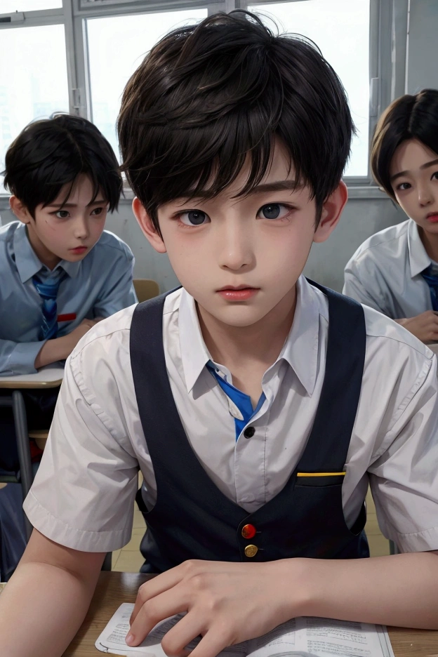 Sad realistic-looking boy at school with classmates around