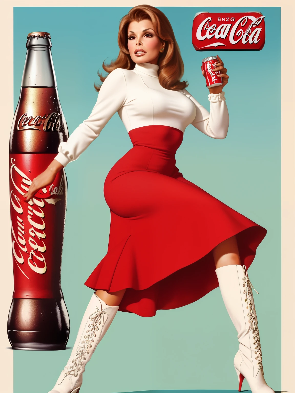 raquel welch, (( Not fit for work)),  Coca Cola advertisement ,  Pin-up art by Gil _ Elvgren and Haddon _Sundblom , 
[  Kelly Preston  | Miesha Tate ] ,  midi dress in a pastel shade ,  superimposed on a white turtleneck or blouse ,  with a pair of boots or flats with laces , market ,
 