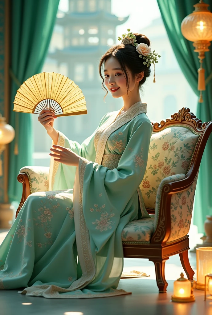 In the palace, the princess blooms like a flower, adorned in brocade and jade, reflected on an embroidered couch.Emerald curtains drape to accompany the jadeite tower, a golden fan lightly waved adds elegance to her demeanor.Wearing a phoenix crown and robes of morning mist, she walks with light steps, beneath the palace lantern's glow, her presence clearer.With smiling words and joy filling the gate, fortune and wishes for the best always follow her trail.