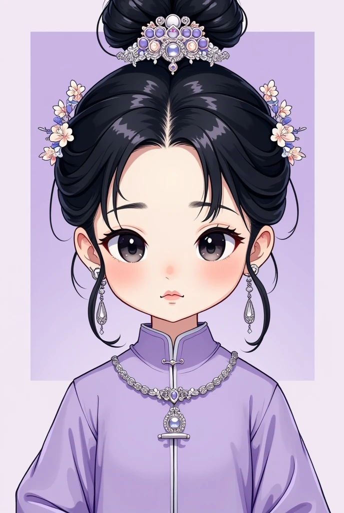 a gongbi painting of a  black long hair Chinese Qing Dynasty girl wears light purple hanfu, tangled jewelry, round face, extremely minimalism portrait, geometric shapes, matte light purple background, in the style of crisp neo-pop illustrations, animated gifs, dolly kei, cartoon-like characters, close-up, head view, bold, cartoonish lithographs