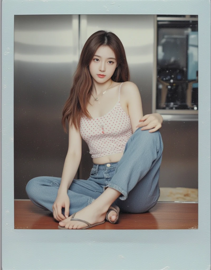 polaroid footage， rich in detail ，The photo is on the table ， The picture is of a girl ，Brown long hair、Hot head，Wearing a white camisole vest， has red dot texture on her clothes，Wear jeans，Feet wear flip-flops