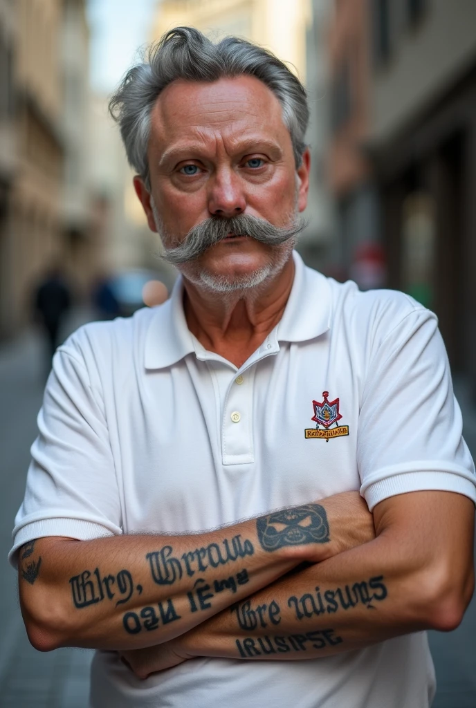 Rather old man with beard and white hair evil guy with an air jordan t-shirt with many tattoos on his arms, Neck strap, rosto, perna, Very visible hands, Waiting for a subway at a station with graffiti on the walls, Sports Tennis