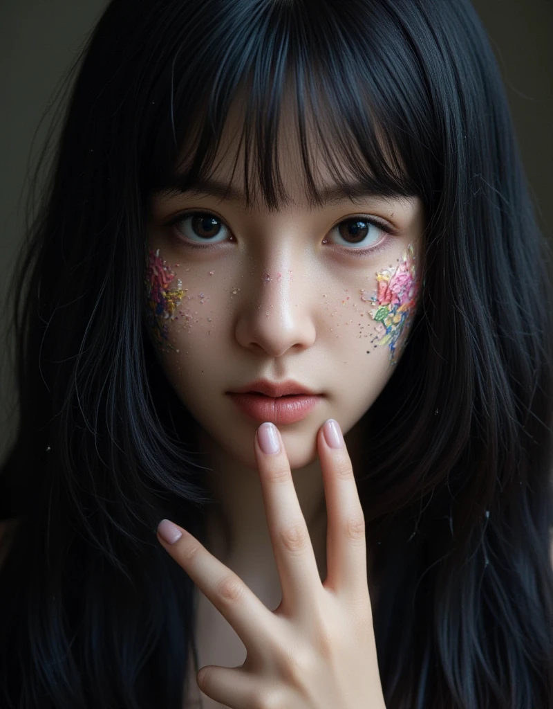 Closeup portrait of a girl with long black hair, standing alone in a dark room, painted nails, piercing black eyes, intricate details in her hair and clothing, Awe inspiring , surreal structured mix media art,, art by Luzia Caldari, Carne Griffiths and Vanessa Barragao. Coherent background, Close-up, stitching in bright colors, 3D-effect artwork, 3d vector painting, sharp focus, beautiful, highly detailed, concept art, stunning, molecular, textures, breathtaking beauty, pure perfection, divine presence, unforgettable, impressive, breathtaking beauty, Volumetric light, rays, vivid colors reflects, centered, symmetry, painted, intricate, volumetric lighting, beautiful, rich deep colors masterpiece, sharp focus, ultra detailed, in the style of dan mumford and marc simonetti