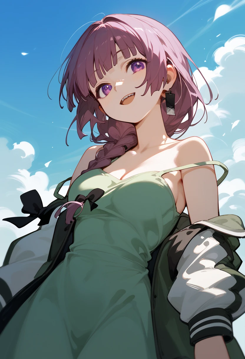 Score_9,Score_8_up,Score_7_up,highest quality,detailed,1 girl,hiroikikuriSDXL,hiroi kikuri,  single braid,

hair over shoulder,

hair bow,black bow,purple eyes,long dress,green dress,

strap slip,jacket,open jacket,two-tone jacket underboob, striped, , breasts,,
