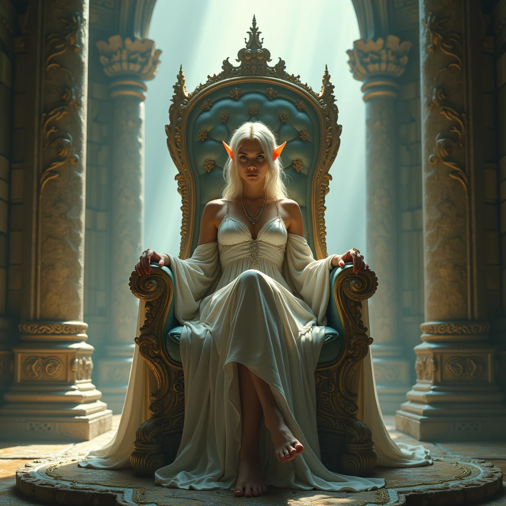 blonde girl wearing a tiara with a setron in her hand sitting on a white throne in a palace, realistic and artistic 3d image