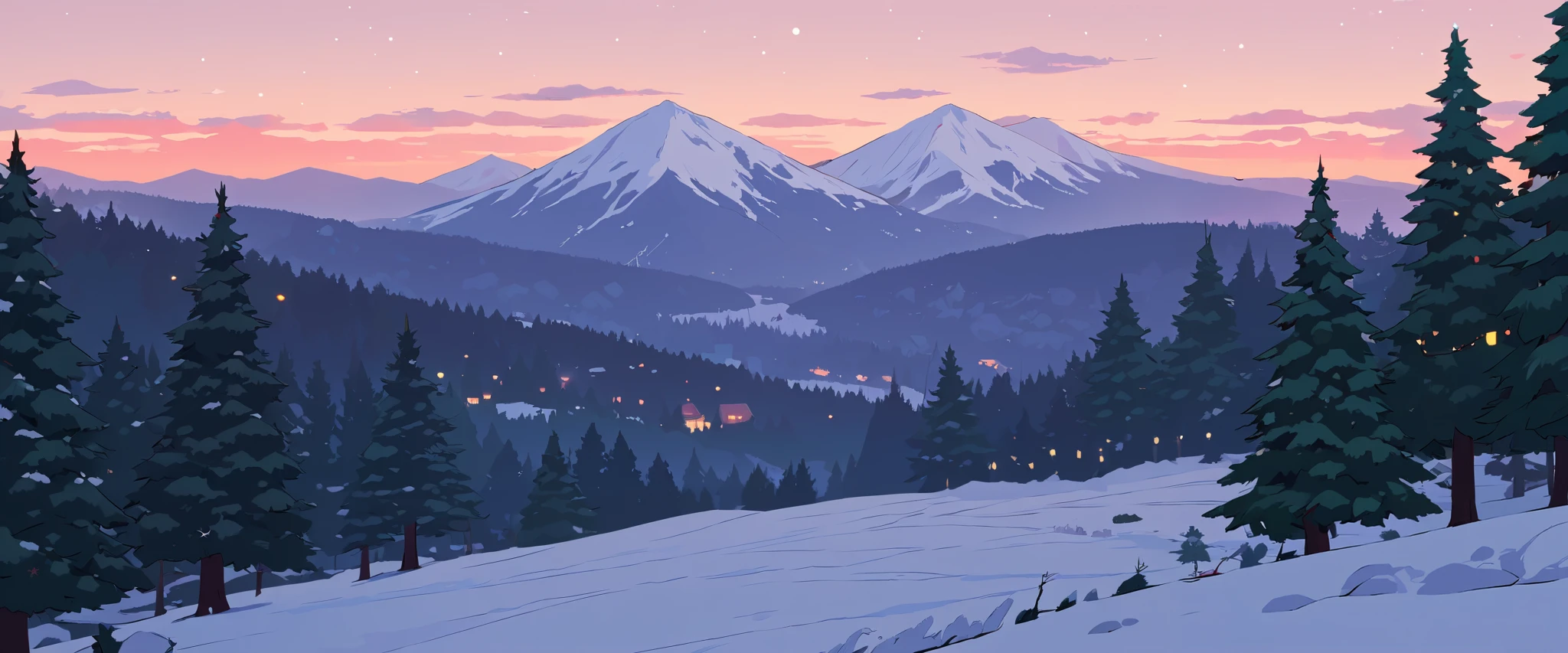 Christmas vibes ultrawide ,cozy ,lofi ,landscape ,forest ,mountain