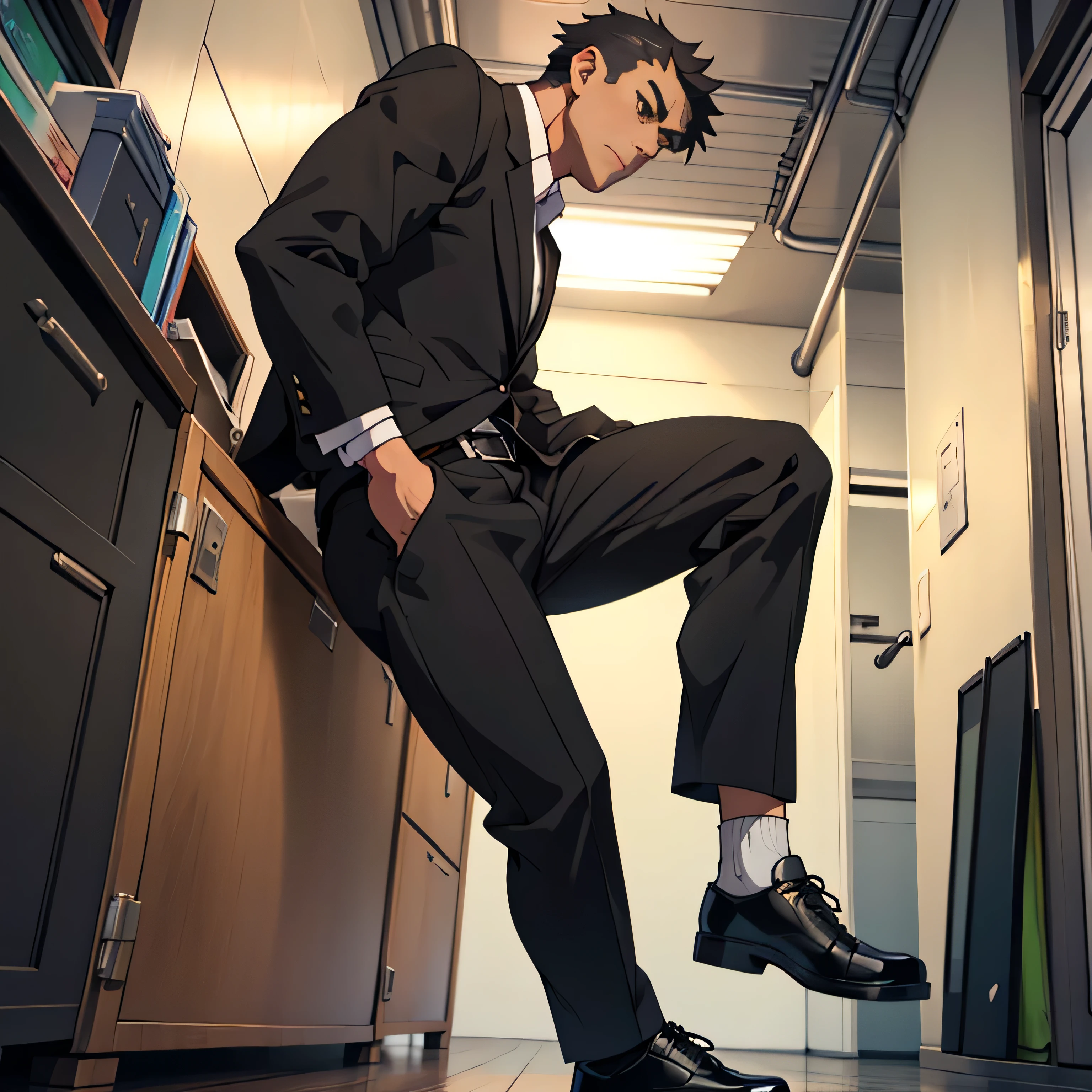 20 years old,, Simple Black Single Suit , Cool fighting pose ,Spread your legs wider,black belt,Black socks,Black leather shoes,logic, Gay ,Brown Hair, Shorthair, thick eyebrows,Stubble, Lightly Set Your Hair with Wax , Hachiman Hachiman,Masculine,salaryman,Mob characters,Bad Actor , The crotch part of the pants is bulging, Erotic 3D Finish , Menacing look　View from below　