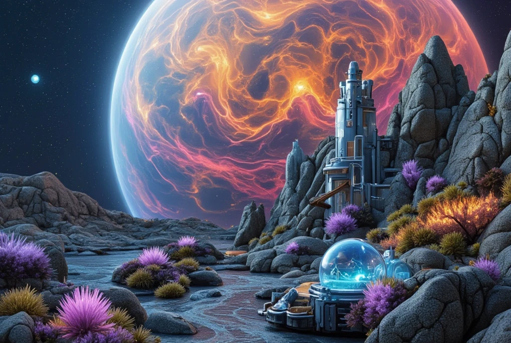 A breathtakingly detailed depiction of a futuristic, technologically advanced moon base, colonized on the surface of Jupiter's moon, Io. This scene is observed from a distant vantage point in space, showing the entire moon in a single frame, with the vast, swirling, colorful, and turbulent atmosphere of Jupiter dominating the background. The base itself is a marvel of bioluminescent, advanced architecture, blending seamlessly into the alien terrain. Gleaming metallic structures rise from the moon's surface, intertwined with glowing vegetation and vibrant, alien flora, reflecting the colorful light of the Jovian atmosphere. The base is a testament to humanity's ingenuity and its ability to adapt to life beyond Earth. The artwork uses a combination of photorealism and abstract elements, capturing the immense scale and grandeur of the scene while highlighting the delicate balance between technology and nature. The color palette features the vibrant hues of Jupiter's clouds, contrasting against the cool, metallic tones of the base and the stark gray landscape of Io. The scene exudes a sense of awe and wonder, reflecting humanity's future aspirations and its potential to reach for the stars.