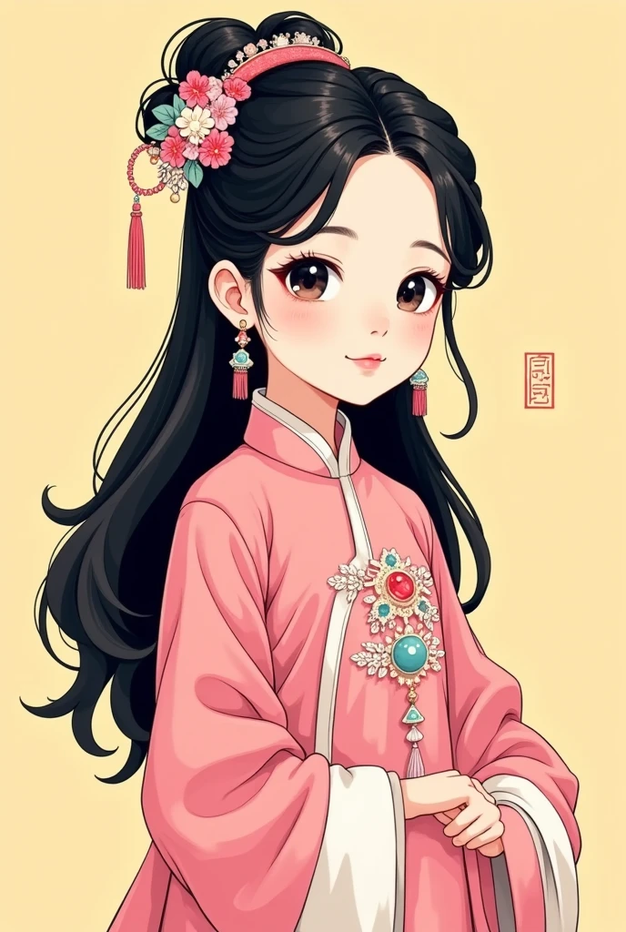 a gongbi painting of a  black long hair Chinese Qing Dynasty girl wears pink hanfu, tangled jewelry, round face, extremely minimalism portrait, geometric shapes, matte light yellow background, in the style of crisp neo-pop illustrations, animated gifs, dolly kei, cartoon-like characters, close-up, head view, bold, cartoonish lithographs