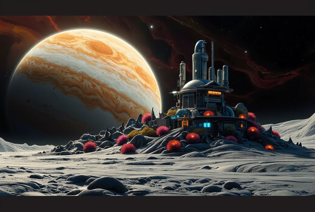 A breathtakingly detailed depiction of a futuristic, technologically advanced moon base, colonized on the surface of Jupiter's moon, Io. This scene is observed from a distant vantage point in space, showing the entire moon in a single frame, with the vast, swirling, colorful, and turbulent atmosphere of Jupiter dominating the background. The base itself is a marvel of bioluminescent, advanced architecture, blending seamlessly into the alien terrain. Gleaming metallic structures rise from the moon's surface, intertwined with glowing vegetation and vibrant, alien flora, reflecting the colorful light of the Jovian atmosphere. The base is a testament to humanity's ingenuity and its ability to adapt to life beyond Earth. The artwork uses a combination of photorealism and abstract elements, capturing the immense scale and grandeur of the scene while highlighting the delicate balance between technology and nature. The color palette features the vibrant hues of Jupiter's clouds, contrasting against the cool, metallic tones of the base and the stark gray landscape of Io. The scene exudes a sense of awe and wonder, reflecting humanity's future aspirations and its potential to reach for the stars.