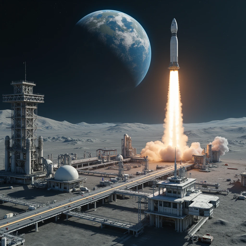  huge lunar bases in the near future、Multiple lunar colonies 、Spaceport Facility 、Scenery of an interplanetary rocket launch、 high definition、Real Photo、Belt of Light 、Earth、photon engine 、