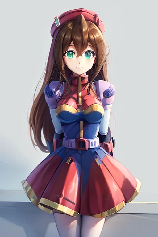 iris_megamanx, 1girl, solo, android, long hair, brown hair, hat, green eyes, white gloves, beret, upper body, high quality, masterpiece, smile