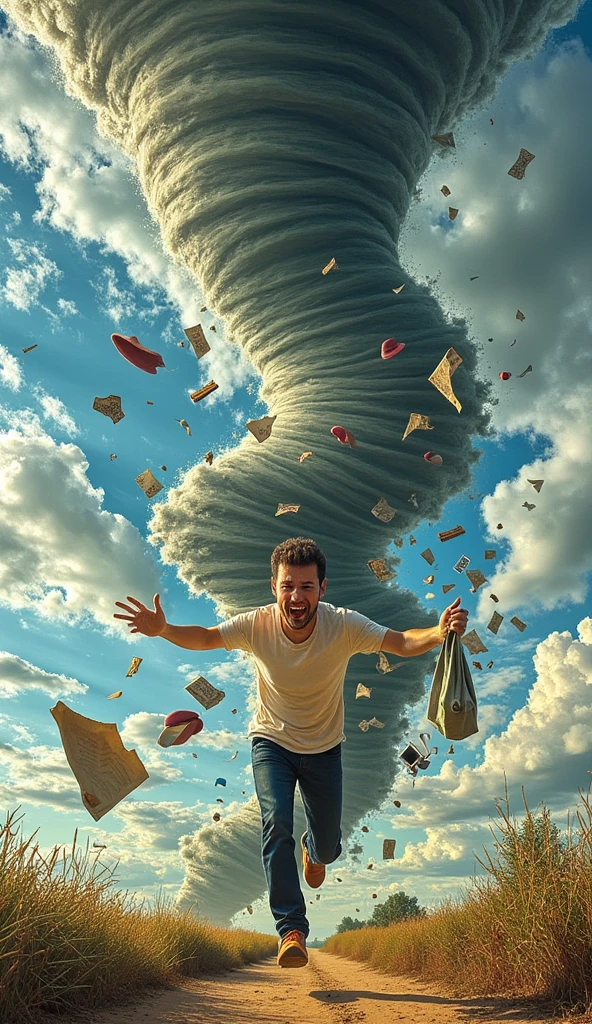 “A highly detailed and realistic yet whimsical depiction of a man caught inside a tornado, illustrated in a cartoonish and humorous style. The tornado spirals around him with exaggerated motion lines, debris, and swirling objects like hats, papers, and random household items. The man has a comically surprised expression, his arms flailing as he struggles to keep his balance. His clothes are partially pulled by the tornado’s force, adding to the chaotic and funny atmosphere. The background shows a stormy sky with exaggerated clouds, enhancing the lively and cartoon-like nature of the scene while maintaining realistic textures and detail.”

