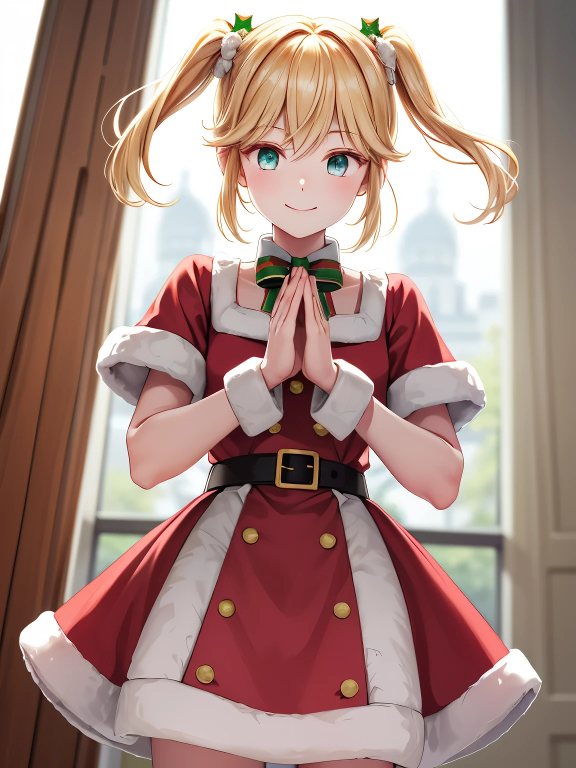masterpiece, best quality, Towards Viewers 、 one girl、solo、indoor、bet、tart 、Blonde,Standing、 closed mouth、smile、Eyes that look like beautiful jewels, Absolute reference to the center、(Santa、Santaクロース,Santaの衣装:1.2)、Santaの帽子、Absolute reference to the center、 cute, ( perfect hands , perfect anatomy),