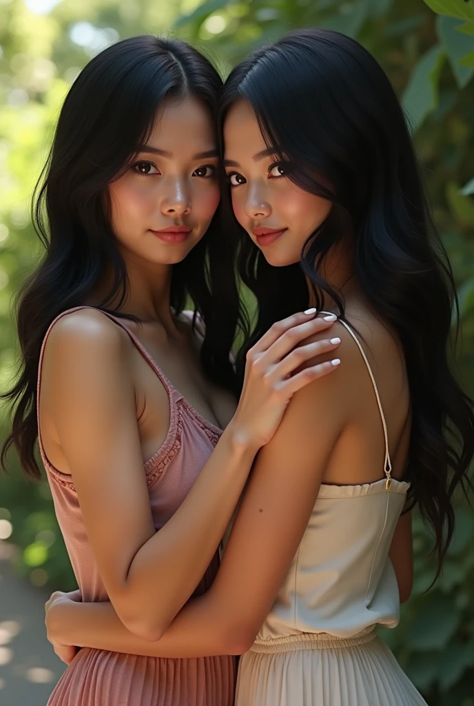 two cute petite super skinny dark skin Malay women, wavy bob hair tied up, holding open cunt, naked, in a tropical asian verandah bar, on a couch, ((close up lesbian)), full frontal, open legs, fingering