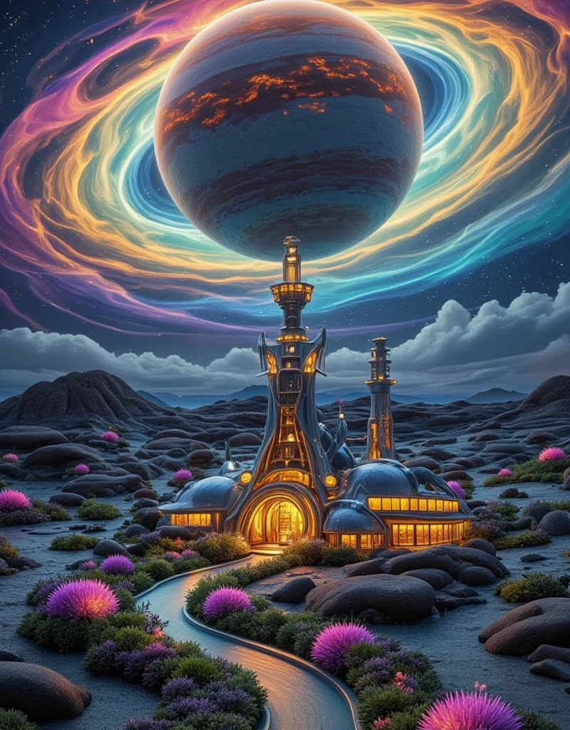 A breathtakingly detailed depiction of a futuristic, technologically advanced moon base, colonized on the surface of Jupiter's moon, Io. This scene is observed from a distant vantage point in space, showing the entire moon in a single frame, with the vast, swirling, colorful, and turbulent atmosphere of Jupiter dominating the background. The base itself is a marvel of bioluminescent, advanced architecture, blending seamlessly into the alien terrain. Gleaming metallic structures rise from the moon's surface, intertwined with glowing vegetation and vibrant, alien flora, reflecting the colorful light of the Jovian atmosphere. The base is a testament to humanity's ingenuity and its ability to adapt to life beyond Earth. The artwork uses a combination of photorealism and abstract elements, capturing the immense scale and grandeur of the scene while highlighting the delicate balance between technology and nature. The color palette features the vibrant hues of Jupiter's clouds, contrasting against the cool, metallic tones of the base and the stark gray landscape of Io. The scene exudes a sense of awe and wonder, reflecting humanity's future aspirations and its potential to reach for the stars.