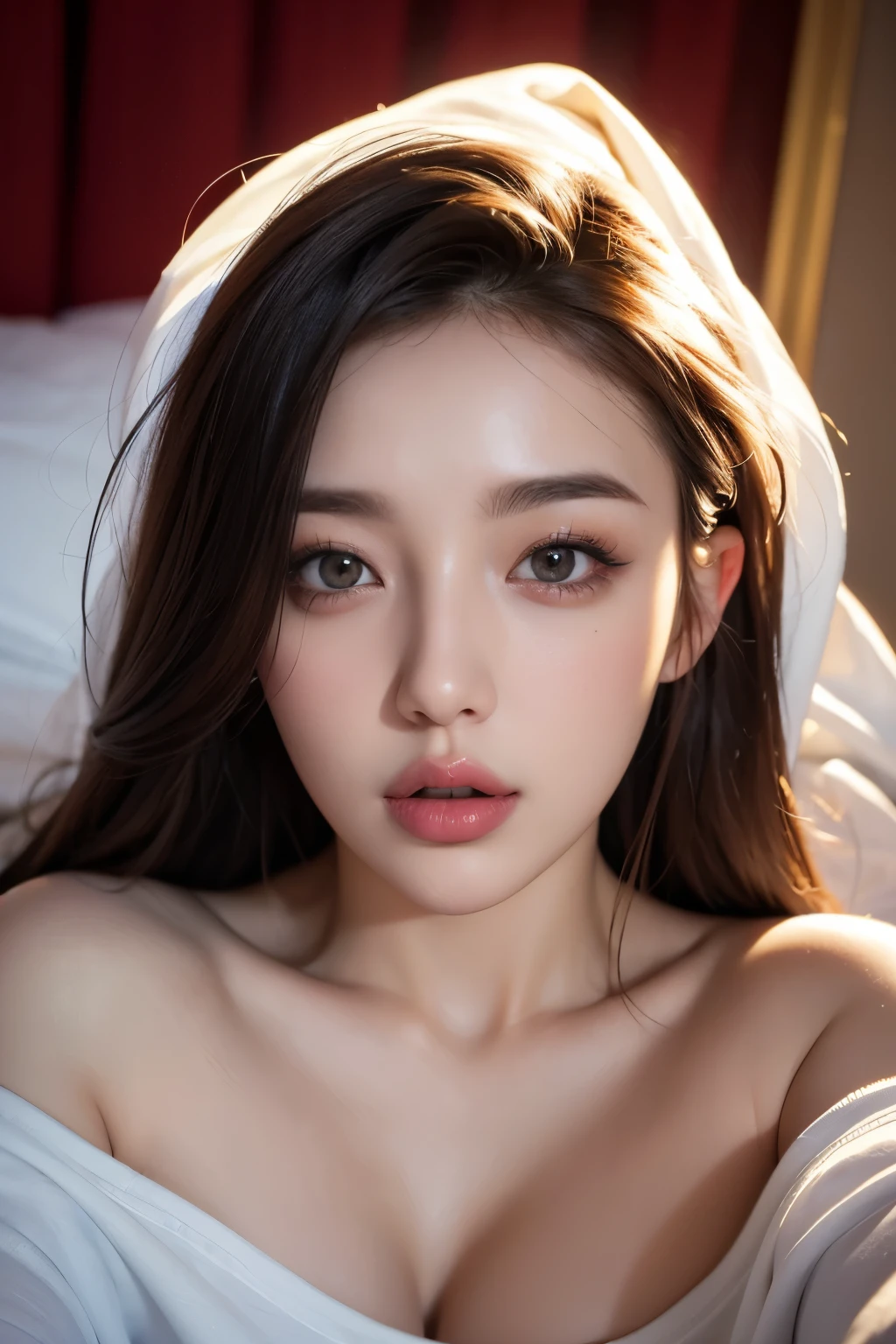 One Girl, solo, high quality, Very detailedな, Crazy Details, 4k quality (Cinematic digital artwork: 1.3), high quality, 最high qualityの, Very detailed, shape, [4k digital art]、 Indiasug nr, (Sharp focus: 1.5), Written boundary depth, Bokeh, 4k 、High resolution, Very detailedな, Highly detailed CG Unity 8k wallpaper, Realistic, Photorealistic, Raw photo, beautiful and Detailed face, White skin, Realistic glowing skin, Detailed hair texture, Perfect body, healthy body、big breasts, Beautiful Face, Acura, Anatomically correct, highly Detailed face, Eye and skin texture, Natural neck length, (Beautiful Eyes), (Beautiful Hands), (Glowing Skin:1.2)、 Thin legs, knowledgeable person、Detailed face、Detailed Background、 (Live Action、Intricate details)、Dramatic Compensate、Compensate、eye make up、eyeliner、eye shadow、Lilac contact lenses looking at the viewer, Beautiful woman、Beautiful expression、Big eyes、Detailed face、perfect ratio、Beautiful face、Shiny Hair、Very delicate hair、Detailed eyes、hair ornaments, Cowboy Shot、Glossy lips, Big ample breasts、big breastsと細いウエスト、belly button、Interstrand、Thighs Thighs Thighs Thighicro lingerie、compensate, Fascinating、Amorous、Shiny、Sweaty skin、Wet skin、Laughter、Tassel, eye shadow、Lying in bed、Sleeping on your back、Lying down、Nipples are hidden
